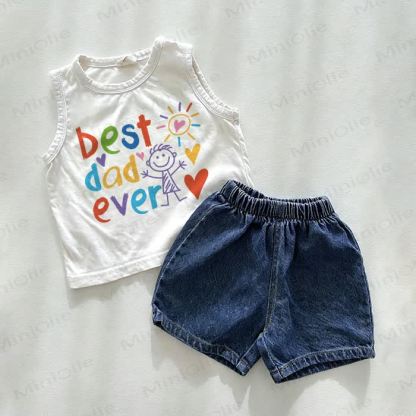 BEST DAD EVER Baby Denim Shorts 2-Piece Set - White&Blue - 3-5T - image 1