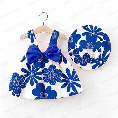 Baby Girl Blue Bow Daisy Print Dress with Hat - White - 2-3T - image 1
