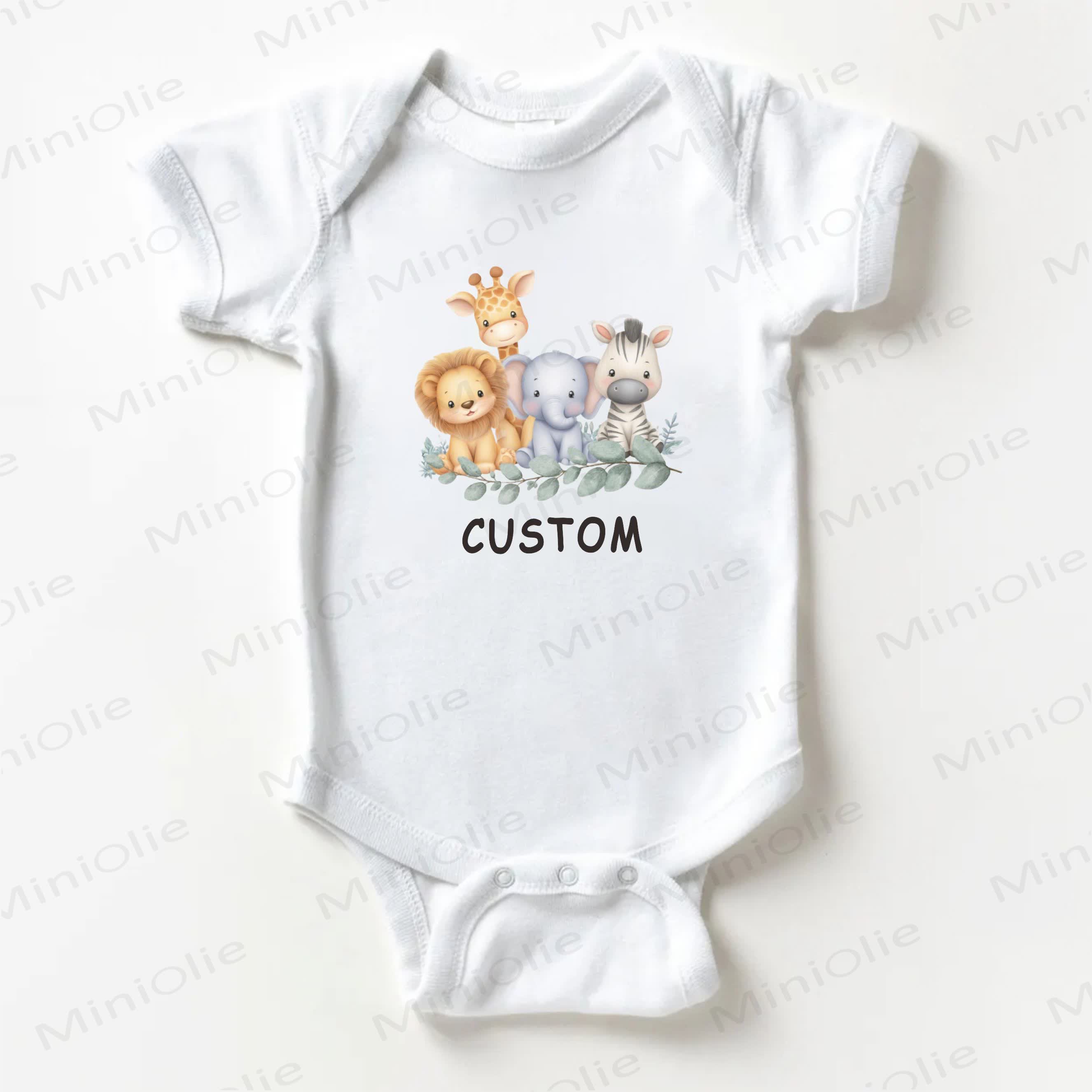 Name Customization Animals Print Baby White Bodysuit - image 1
