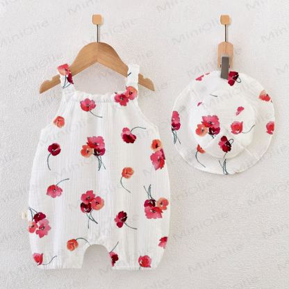 Baby Girls Red Flower Print White Jumpsuit with Hat - White - 18-24M - image 1