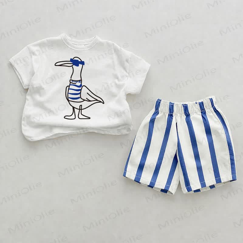 Baby Goose Print Blue Vertical Striped 2-piece Shorts Set - White&Blue - 2-3T - image 1