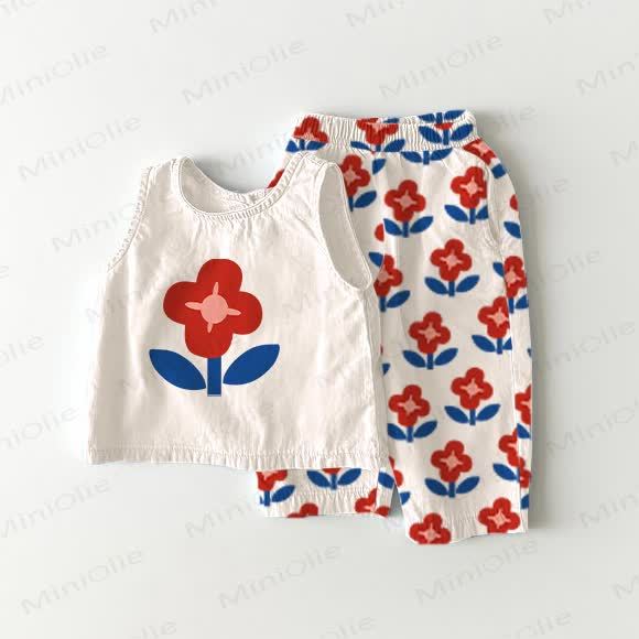 Toddler Girl Red&Blue Flower White 2-piece Sleeveless Set - White - 5-7T - image 1
