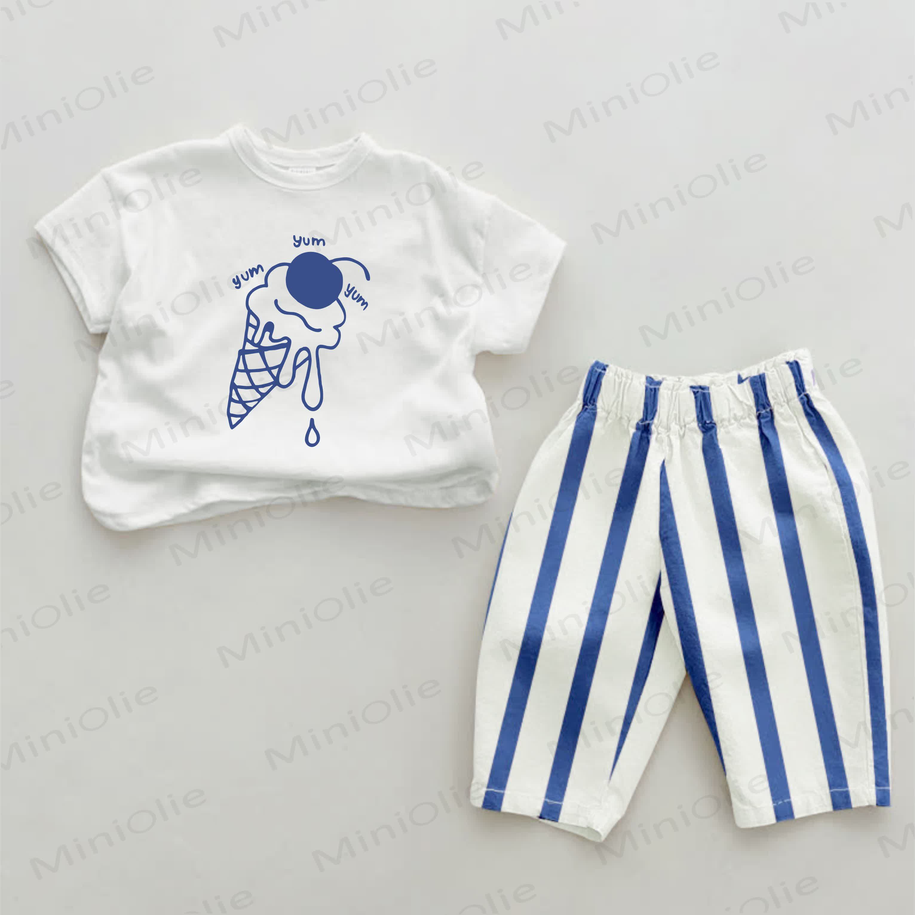YUM YUM YUM Baby Blue Ice Cream Vertical Striped 2-piece Set - White&Blue - 2-3T - image 1