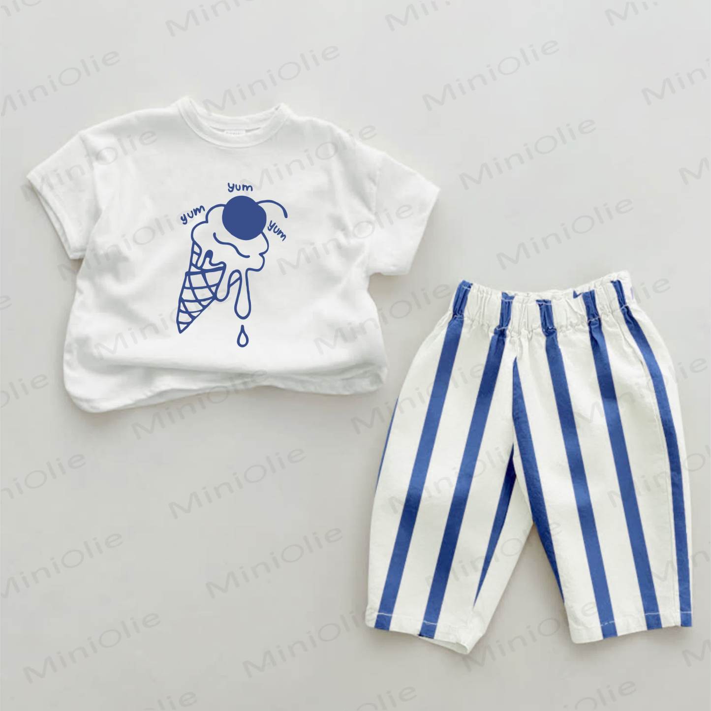 YUM YUM YUM Baby Blue Ice Cream Vertical Striped 2-piece Set - White&Blue - 2-3T - image 1