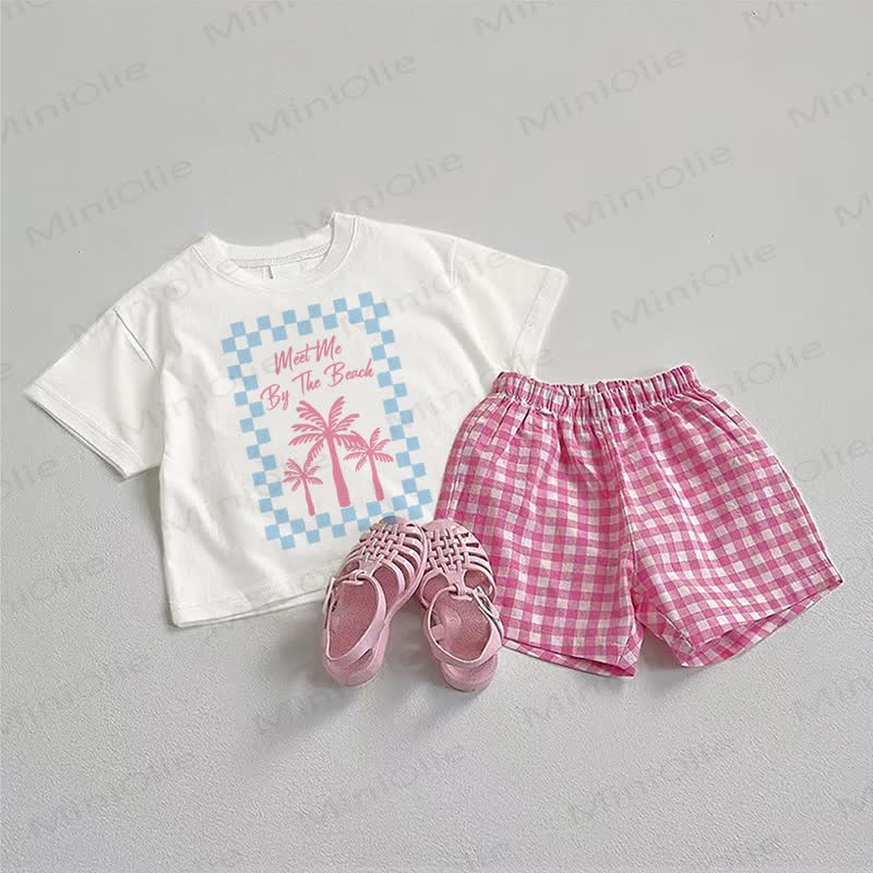 MEET ME BY THE BEACH Baby Tee and Plaid Shorts 2-Piece Set - White&Pink - 3-5T - image 1