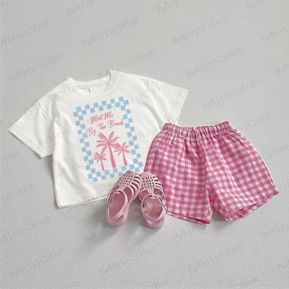 MEET ME BY THE BEACH Baby Tee and Plaid Shorts 2-Piece Set - White&Pink - 3-5T - image 1