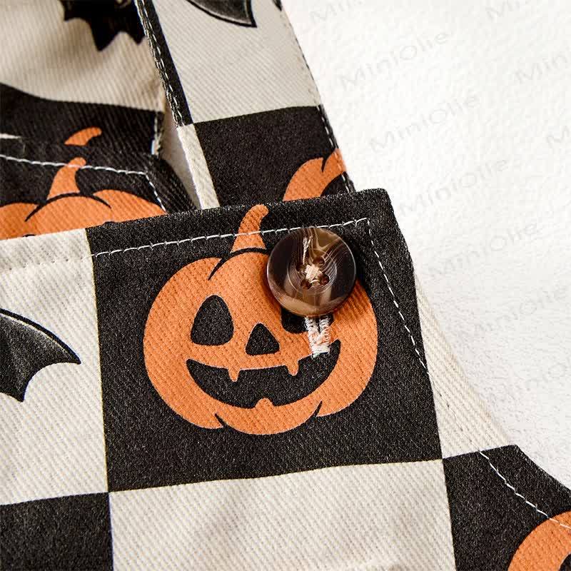 Baby Toddler Pumpkin Bat Black White Checkerboard Print Beige Overalls - image 5