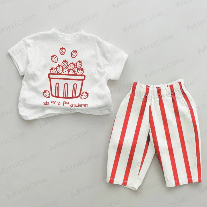 TAKE ME TO PICK STRAWBERRIES Baby Red Striped Pants 2-piece Set - White&Red - 2-3T - image 1