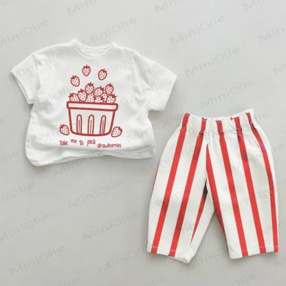TAKE ME TO PICK STRAWBERRIES Baby Red Striped Pants 2-piece Set - White&Red - 2-3T - image 1