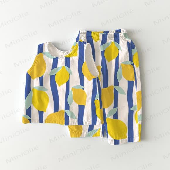 Baby Blue Vertical Striped Lemon 2-Piece Sleeveless Set - White - 2-3T - image 1