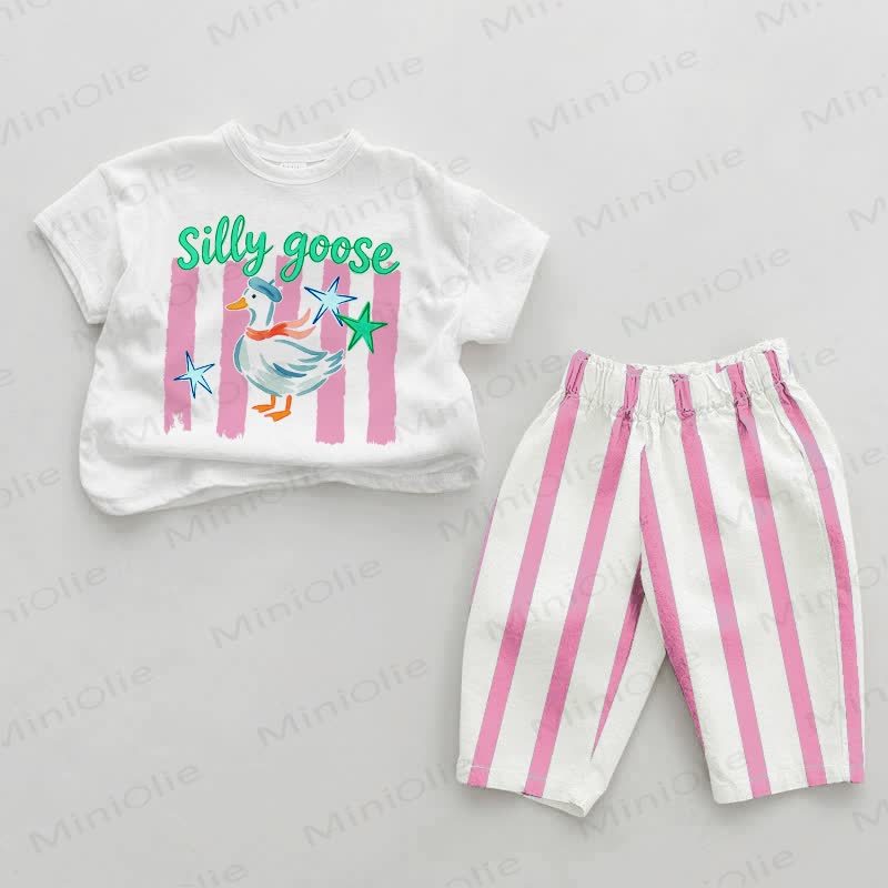 SILLY GOOSE Baby Pink Goose Print Vertical Striped 2-piece Set - White&Pink - 2-3T - image 1