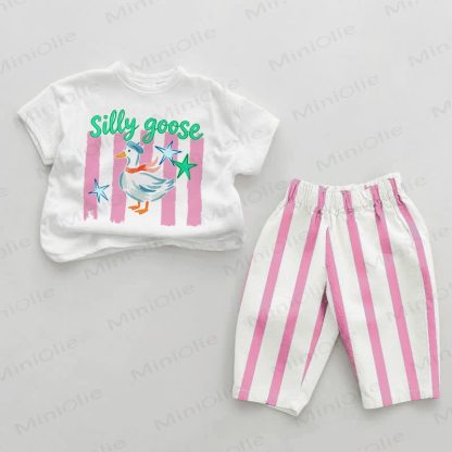 SILLY GOOSE Baby Pink Goose Print Vertical Striped 2-piece Set - White&Pink - 2-3T - image 1