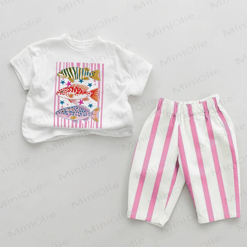 Baby Pink Fish Print Vertical Striped 2-piece Set - White&Pink - 2-3T - image 1