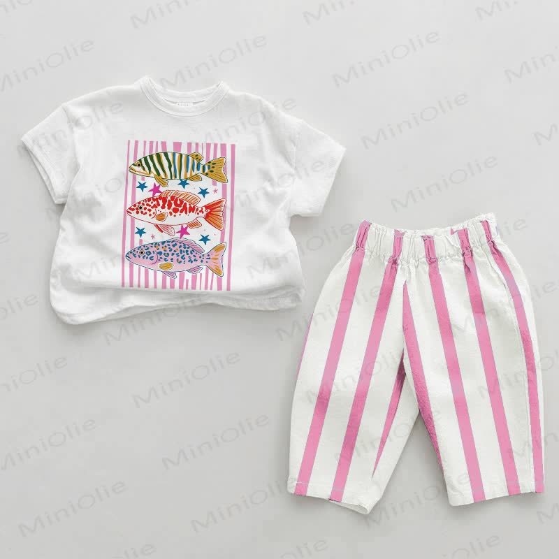 Baby Pink Fish Print Vertical Striped 2-piece Set - White&Pink - 2-3T - image 1