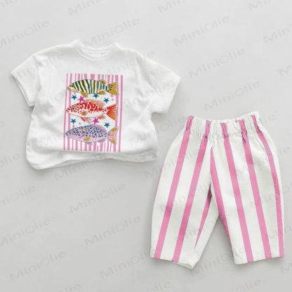 Baby Pink Fish Print Vertical Striped 2-piece Set - White&Pink - 2-3T - image 1