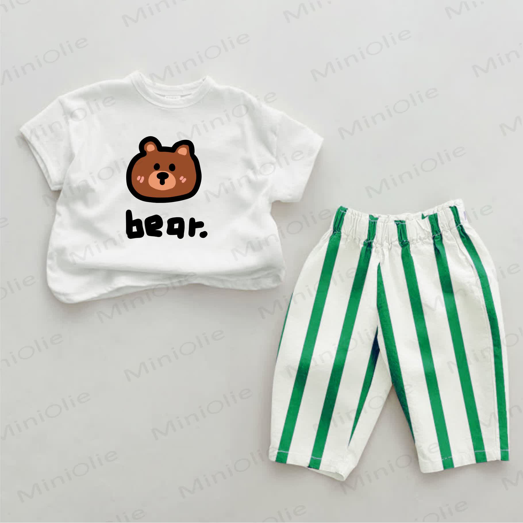 BEAR Baby Green Bear Print Vertical Striped 2-piece Set - White&Green - 2-3T - image 1