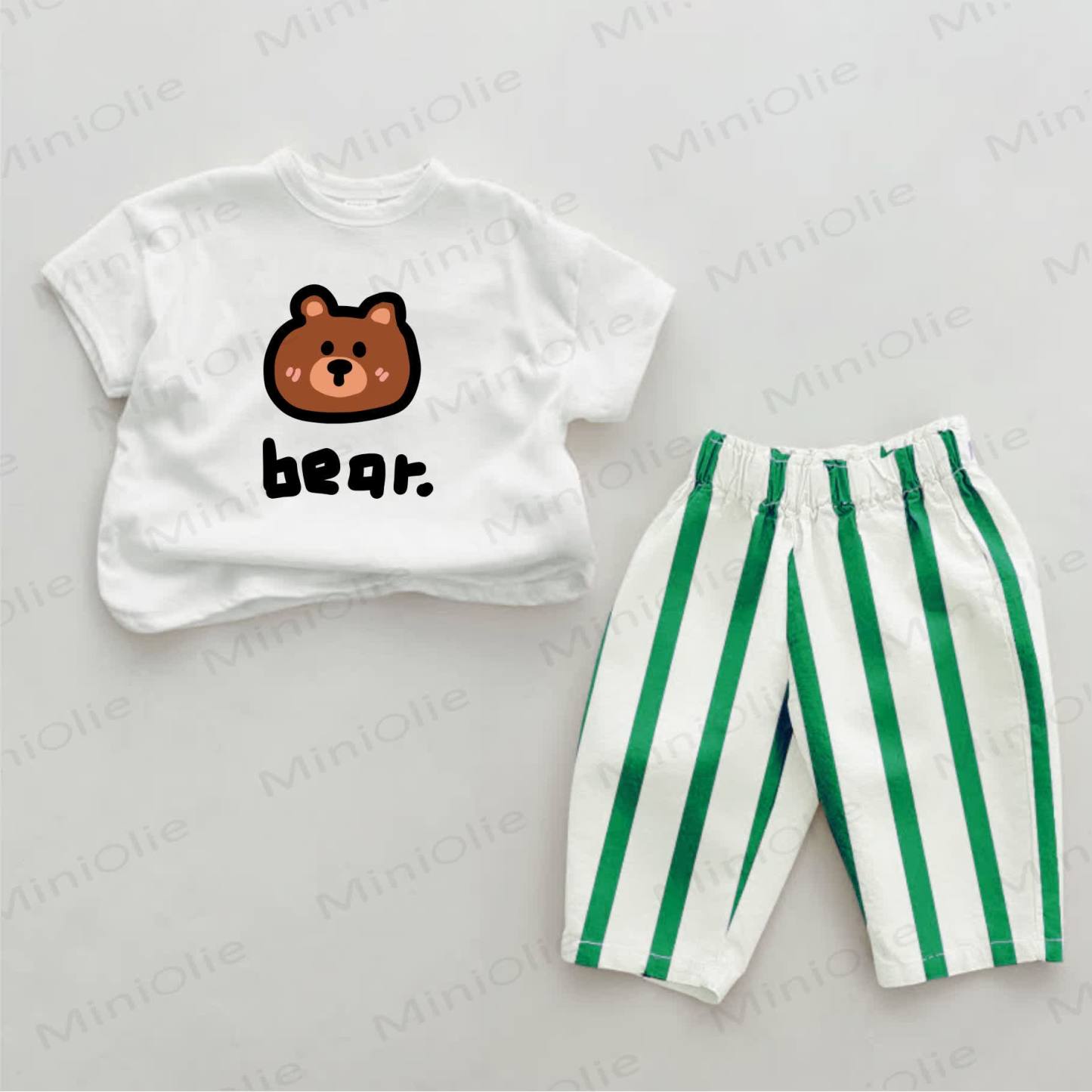 BEAR Baby Green Bear Print Vertical Striped 2-piece Set - White&Green - 2-3T - image 1