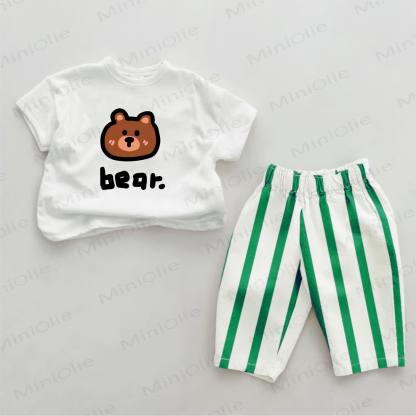BEAR Baby Green Bear Print Vertical Striped 2-piece Set - White&Green - 2-3T - image 1
