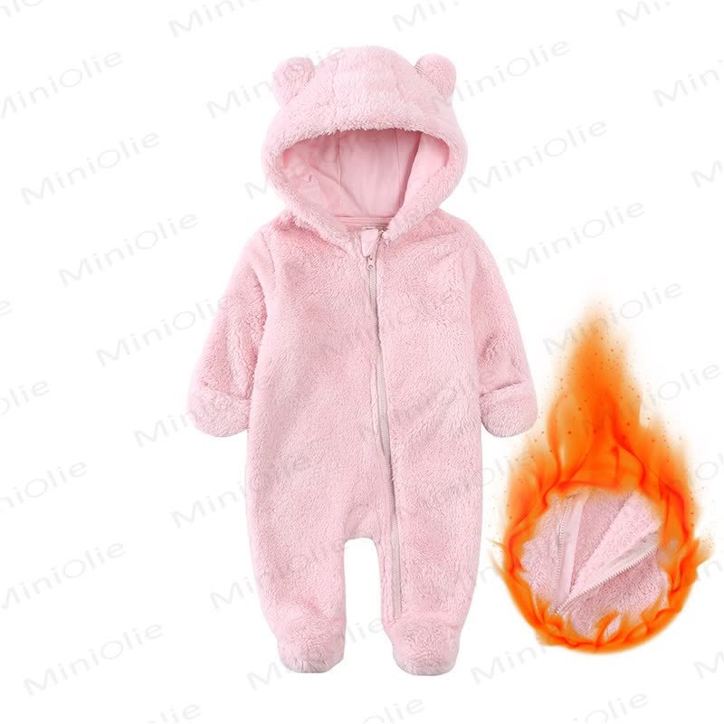 Baby Fleece Solid Color Hooded Romper - Light Pink - 9-12M - image 7