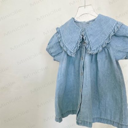 Toddler Lapel Solid Color Denim Dress - image 3