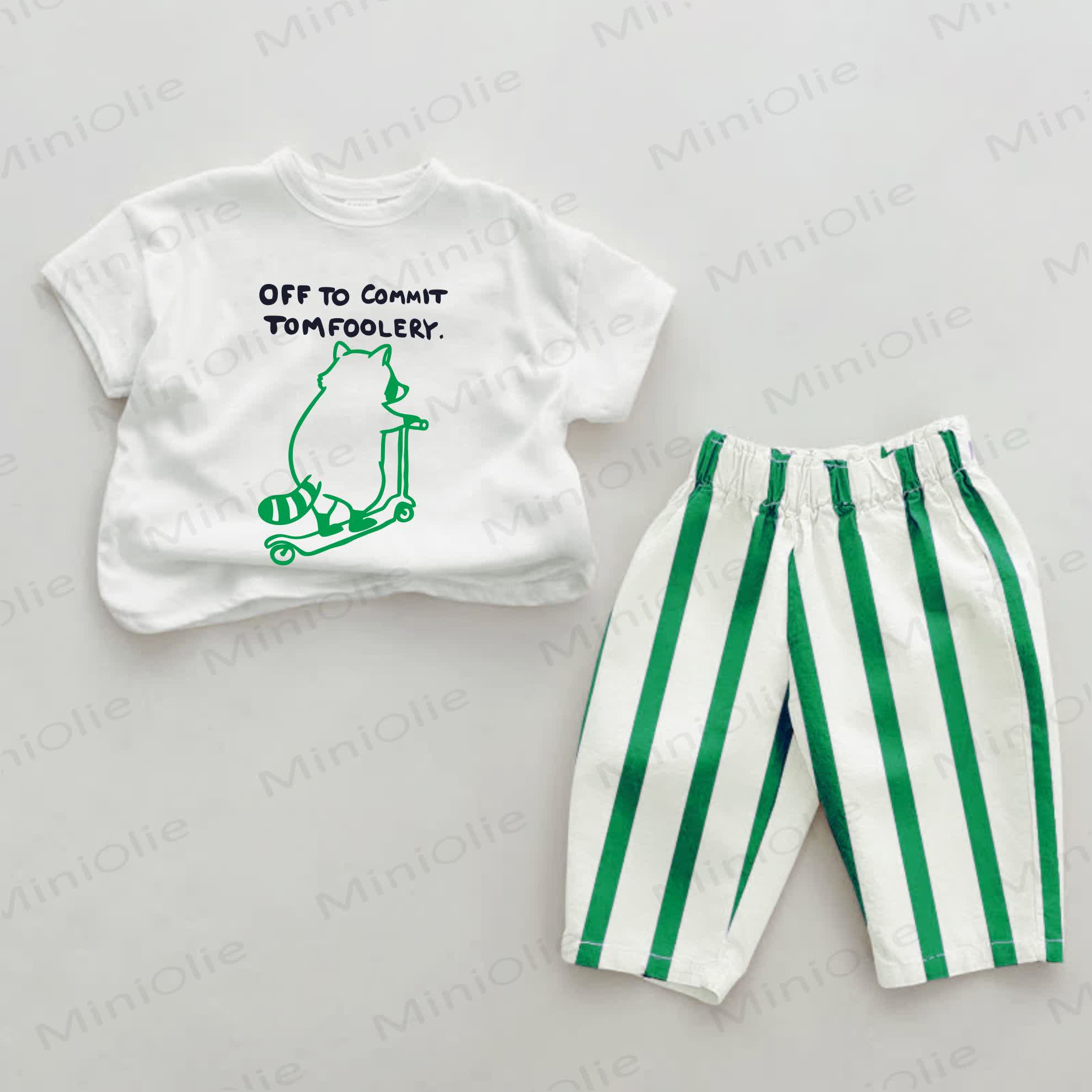 OFF TO COMMIT TOMFOOLERY Baby Green Raccoon Print Vertical Striped 2-piece Set - White&Green - 2-3T - image 1