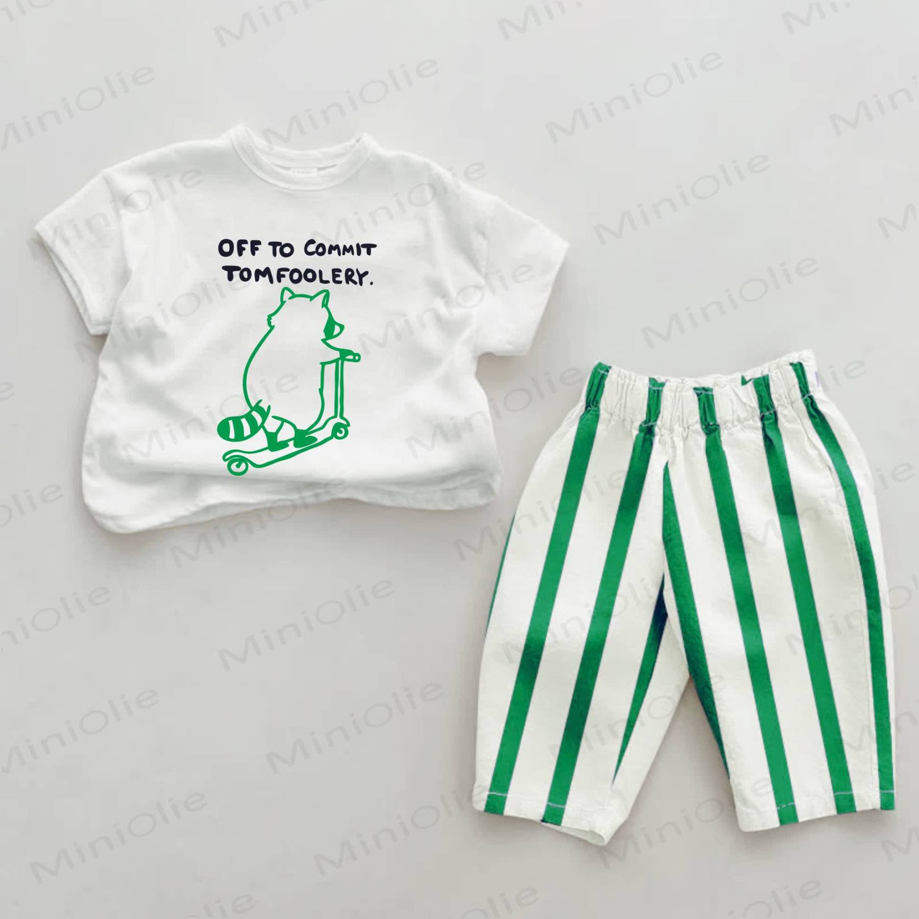 OFF TO COMMIT TOMFOOLERY Baby Green Raccoon Print Vertical Striped 2-piece Set - White&Green - 2-3T - image 1