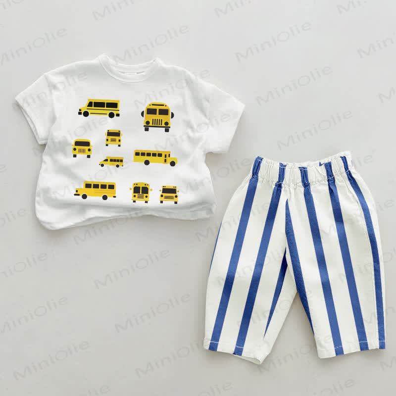 Baby Vehicle Print Blue Vertical Striped 2-piece Set - White&Blue - 2-3T - image 1