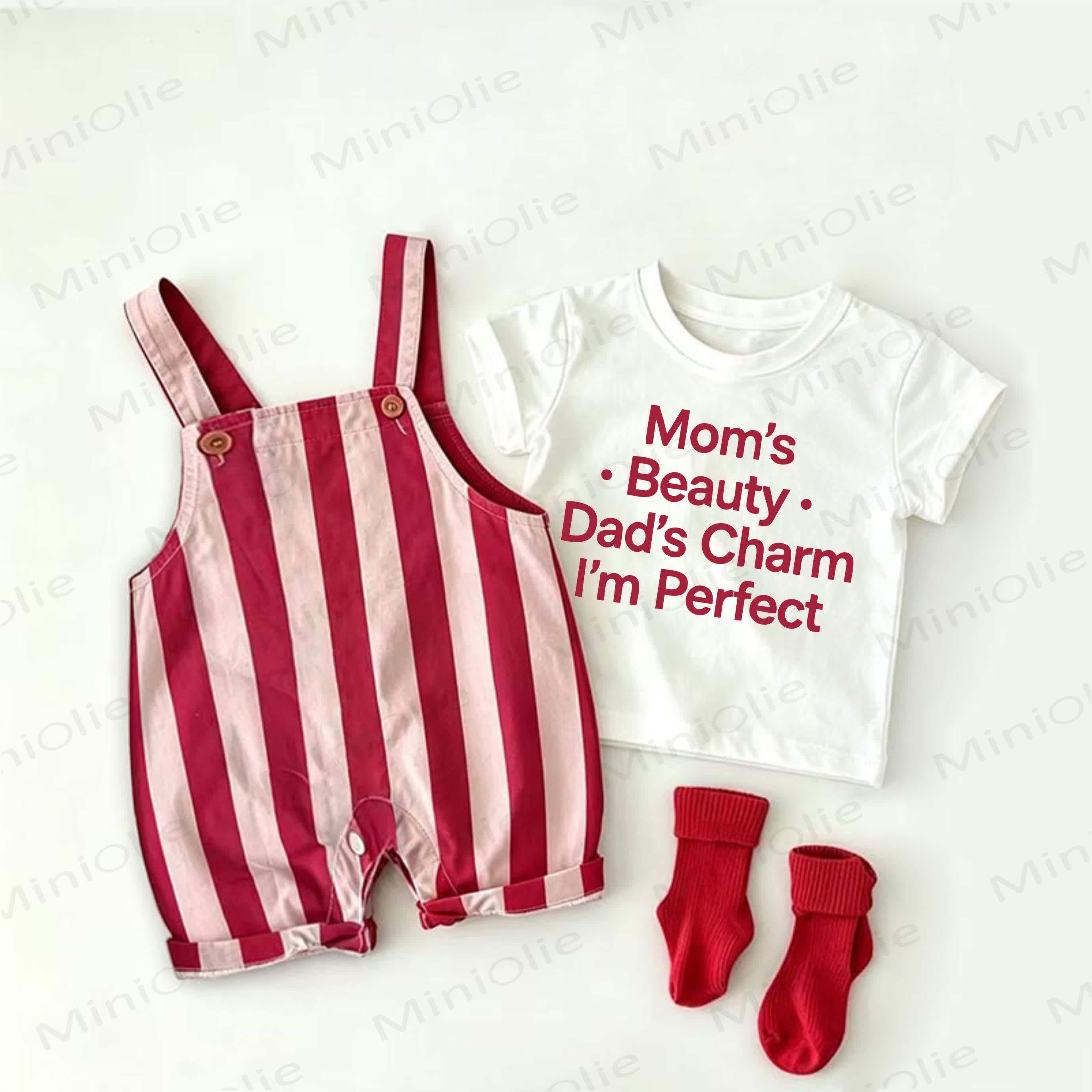 MOM'S BEAUTY DAD'S CHARM I'M PERFECT Baby Slogan Red Stripe Overalls and White Tee 2-piece Set - White&Red - 2-3T - image 1