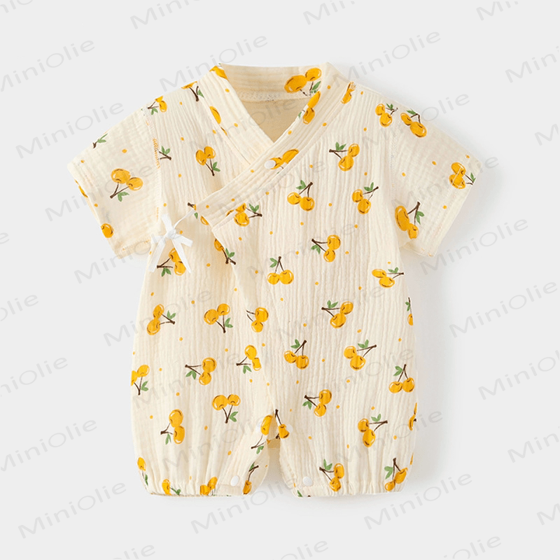 Baby Cartoon Printed Kimono Beige Romper - Cherry - 18-24M - image 2