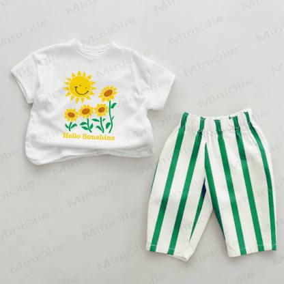 HELLO SUNSHINE Baby Green Sunflowers Vertical Striped 2-piece Set - White&Green - 2-3T - image 1