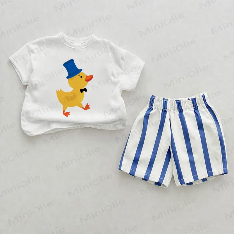 Baby Blue Top-Hat Duck Vertical Striped 2-piece Shorts Set - White&Blue - 2-3T - image 1
