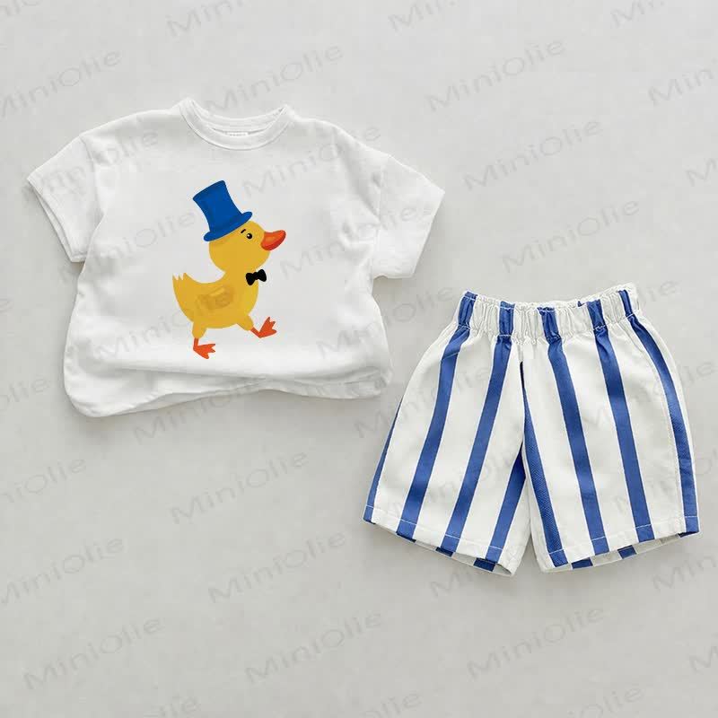 Baby Blue Top-Hat Duck Vertical Striped 2-piece Shorts Set - White&Blue - 2-3T - image 1