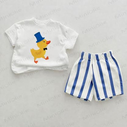Baby Blue Top-Hat Duck Vertical Striped 2-piece Shorts Set - White&Blue - 2-3T - image 1