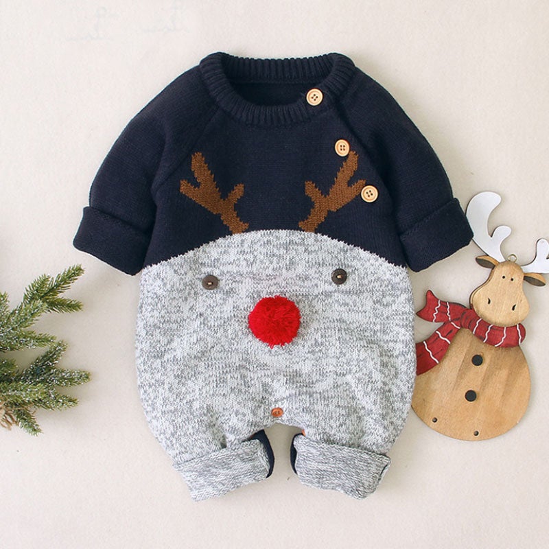 Christmas Elk Knitted Romper - Dark Blue - 18-24M - image 4