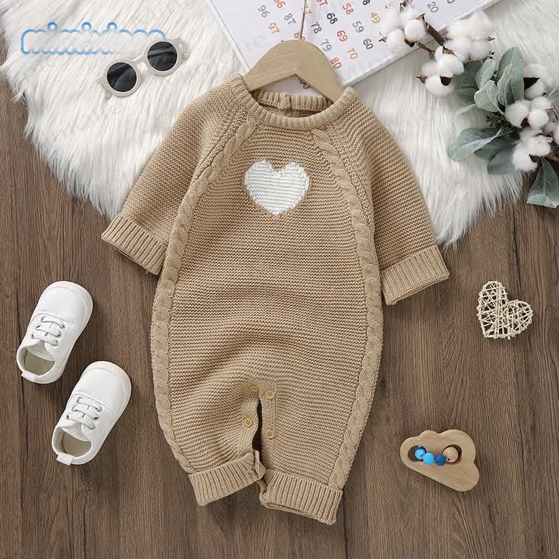 Baby Heart Knit Long Sleeve Romper - Khaki - 12-18M - image 1