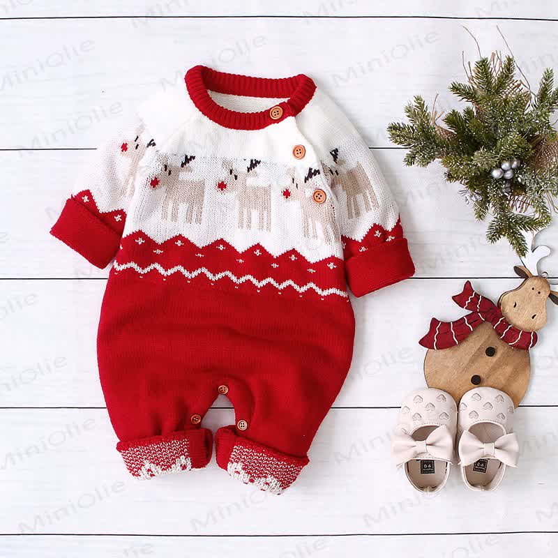 Baby Christmas Reindeer Jacquard Knit Colorblock Romper - image 2