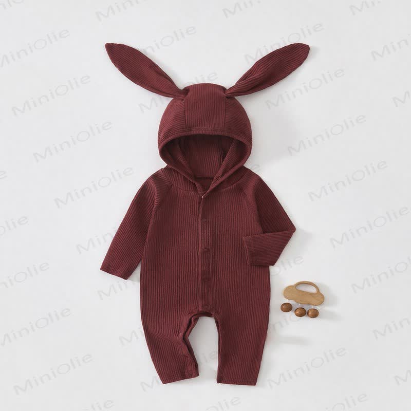 Baby Ribbed Bunny Ear Hooded Romper - Red - 2-3T
