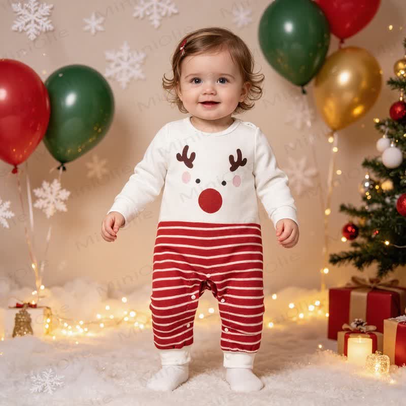 Baby Christmas Reindeer Stripe Long Sleeve Romper - Red - 12-18M - image 1