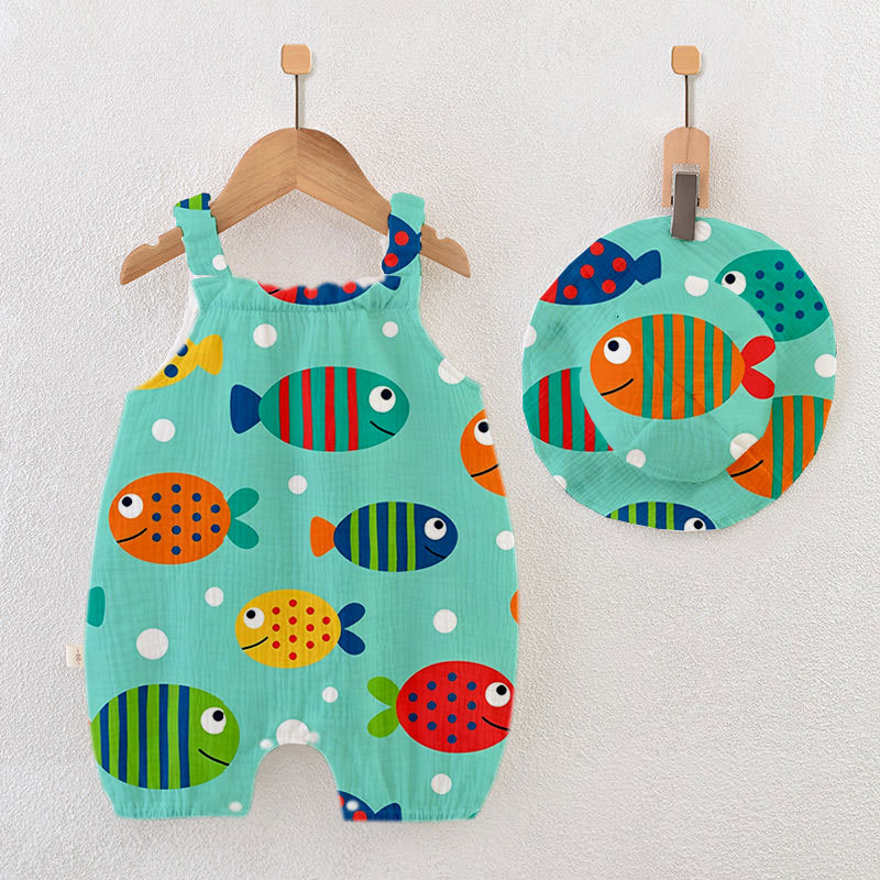 Baby Fish Print Green Jumpsuit with Hat - White - 18-24M - image 1