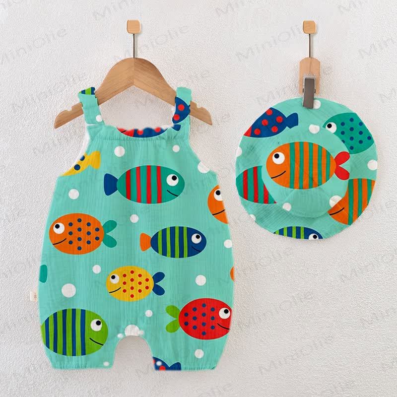 Baby Fish Print Green Jumpsuit with Hat - White - 18-24M - image 1