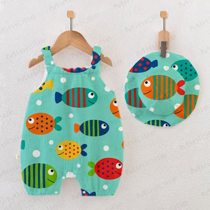 Baby Fish Print Green Jumpsuit with Hat - White - 18-24M - image 1