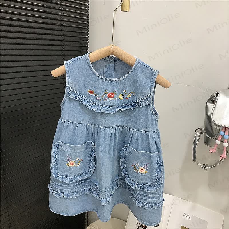 Toddler Denim Embroidered Mushroom Dress - Blue - 10Y - image 3