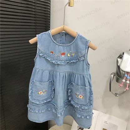 Toddler Denim Embroidered Mushroom Dress - Blue - 10Y - image 3