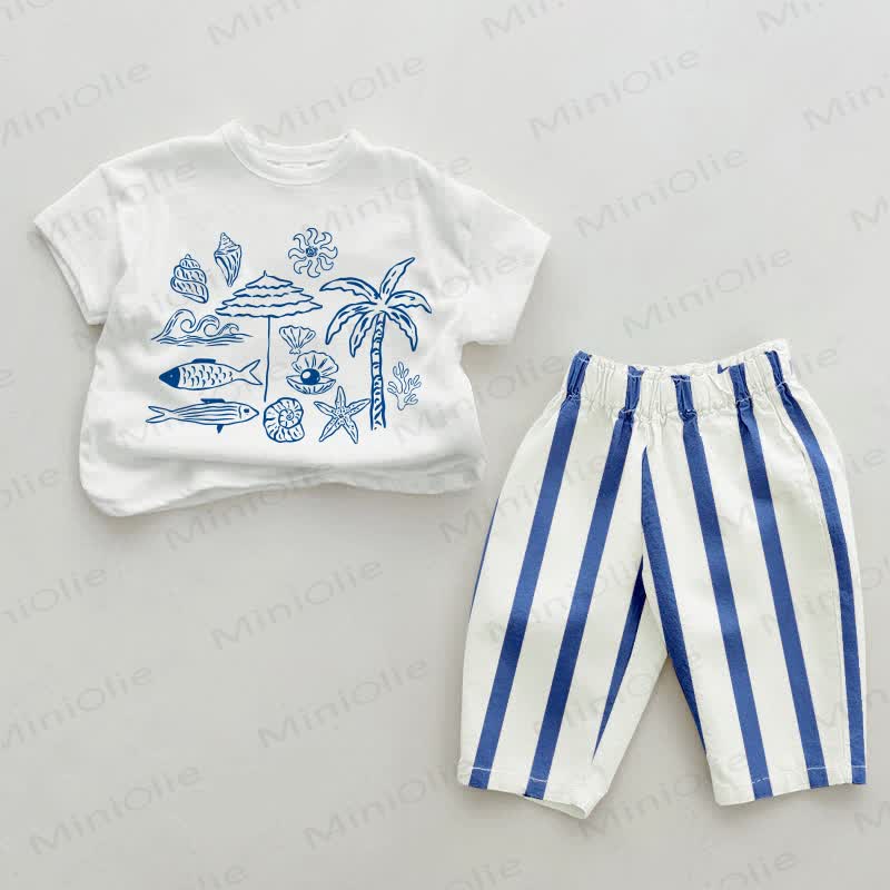 Baby Seaside Print Blue Vertical Striped 2-piece Set - White&Blue - 2-3T - image 1