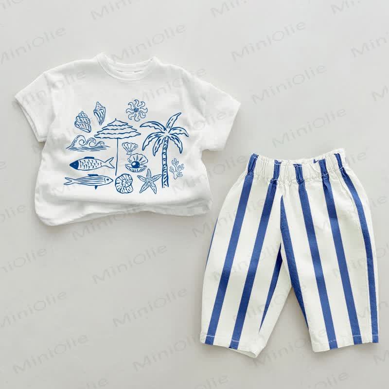 Baby Seaside Print Blue Vertical Striped 2-piece Set - White&Blue - 2-3T - image 1