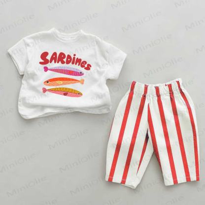 SARDINES Baby Sardines Print Red Striped 2-piece Set - White&Red - 2-3T - image 1