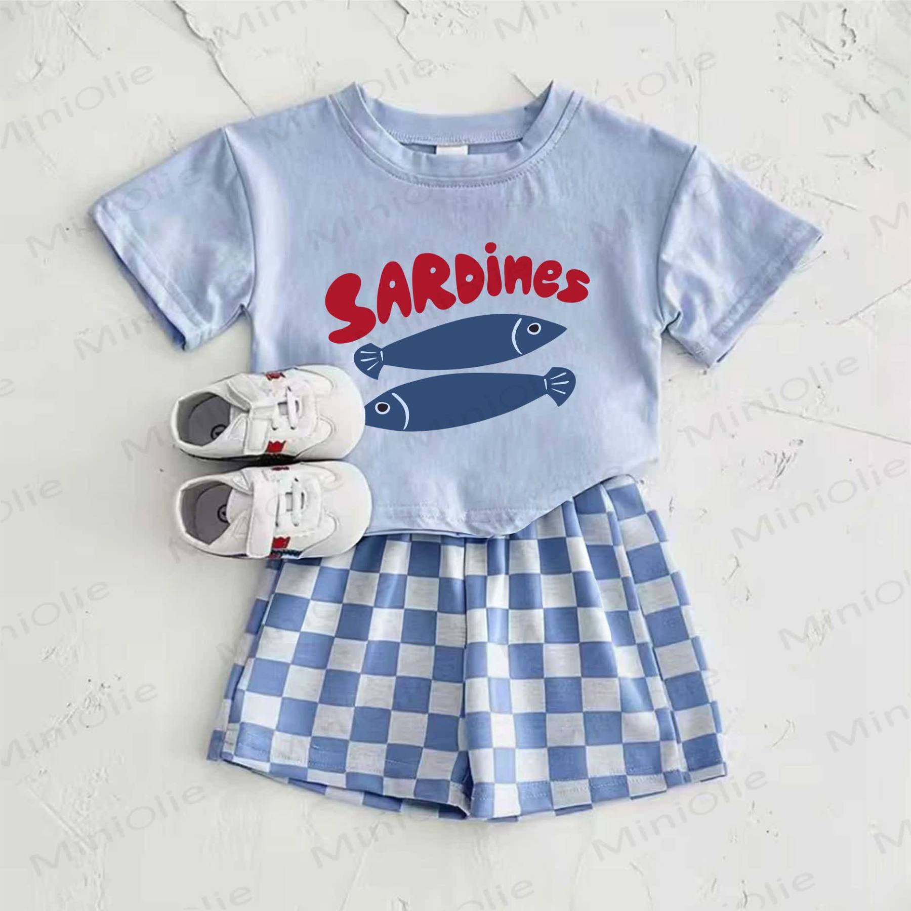 SARDINES Baby Blue Sardines Print T-shirt and Plaid Pants 2-Piece Set - Blue - 2-3T - image 1