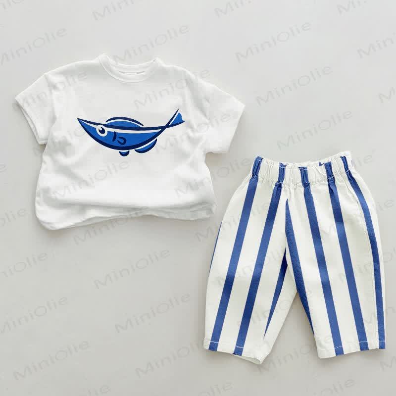 Baby Curved Knife Sardines Blue Vertical Striped 2-piece Set - White&Blue - 2-3T - image 1