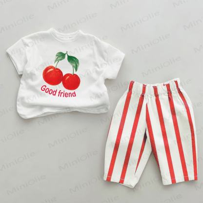 GOOD FRIEND Baby Cherry Red Vertical Striped 2-piece Set - White&Red - 2-3T - image 1