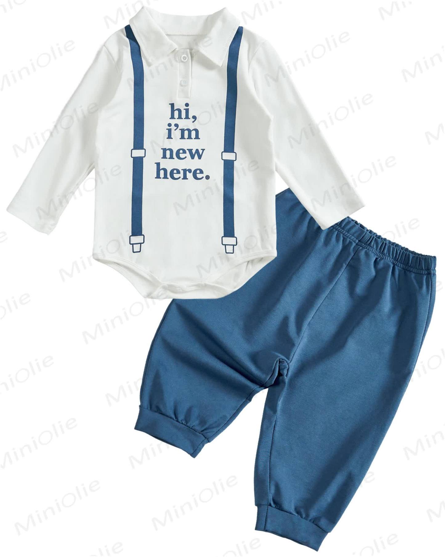 Toddler Baby I'm New Here Crew Long Sleeve Snap Closure Romper Top Jogger Pants Set - Blue - 2-3T - image 10